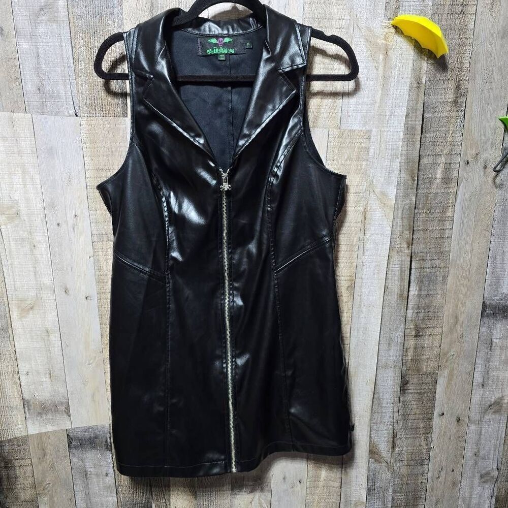 Tripp NYC Vintage Y2K Black Vegan Faux Leather Mini Bodycon Moto Goth Punk Dress